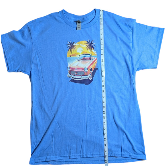 Sunset Cruise - Car & Palm Trees - Graphic Tee - Size L - Lt Blue - All Genders - Picture 3 of 7